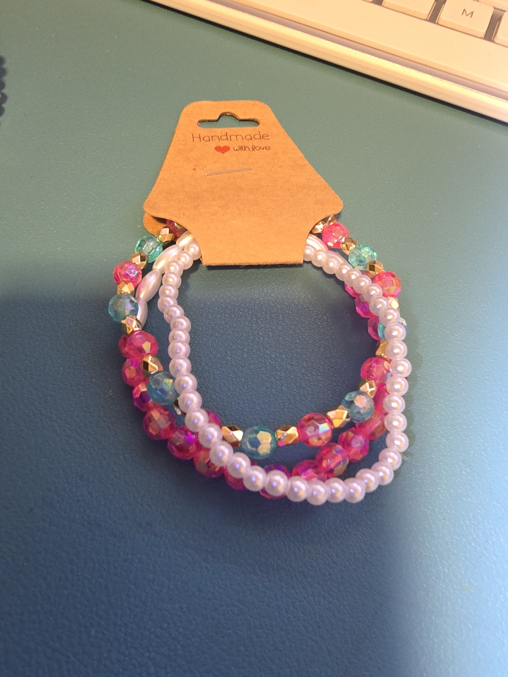 Handmade Multicolor Beaded Stretch Bracelet Set - Pink & Pearl